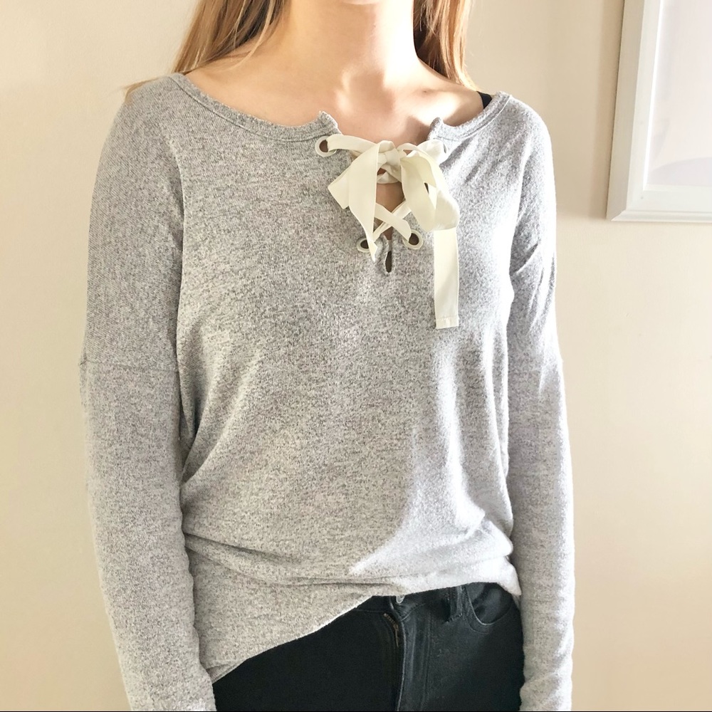 COPY- Garage soft reversible long sleeve lace up top ribbon detail